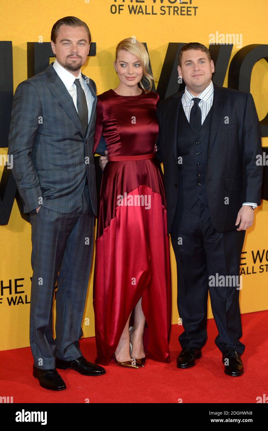 Leonardo DiCaprio, Margot Robbie et Jonah Hill arrivant à la première Wolf of Wall Street UK, Odeon Cinema, Leicester Square, Londres. Banque D'Images