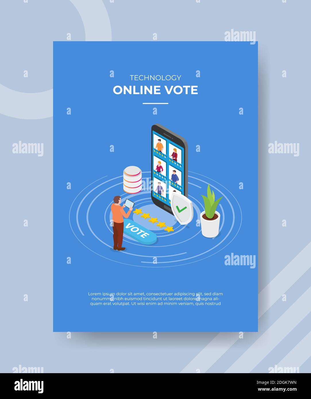 technologie en ligne vote hommes debout utiliser tablette avant grand smartphone les gens ont une note d'étoiles pour le modèle de circulaire et la couverture de la bannière d'impression style plat 3d isométrique Banque D'Images