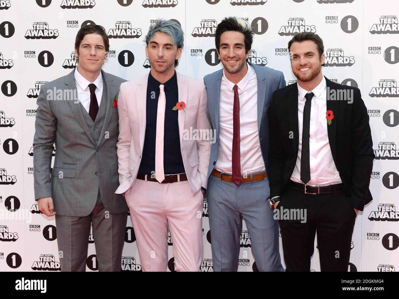 (De gauche à droite) Zack Merrick, Alex Gaskarth, Jack Barakat et Rian Dawson of All Time Low arrivant pour la BBC radio 1 Teen Awards, Wembley Arena, Londres. Le crédit photo devrait se lire comme suit : Doug Peters/EMPICS Entertainment Banque D'Images