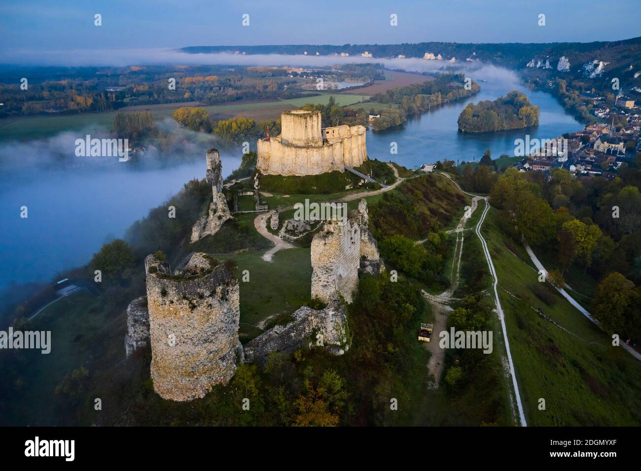 France, Eure (27), les Andelys, Château Gaillard, forteresse du XIIe siècle construite par Richard coeur de Lion au-dessus d'une boucle de la Seine Banque D'Images