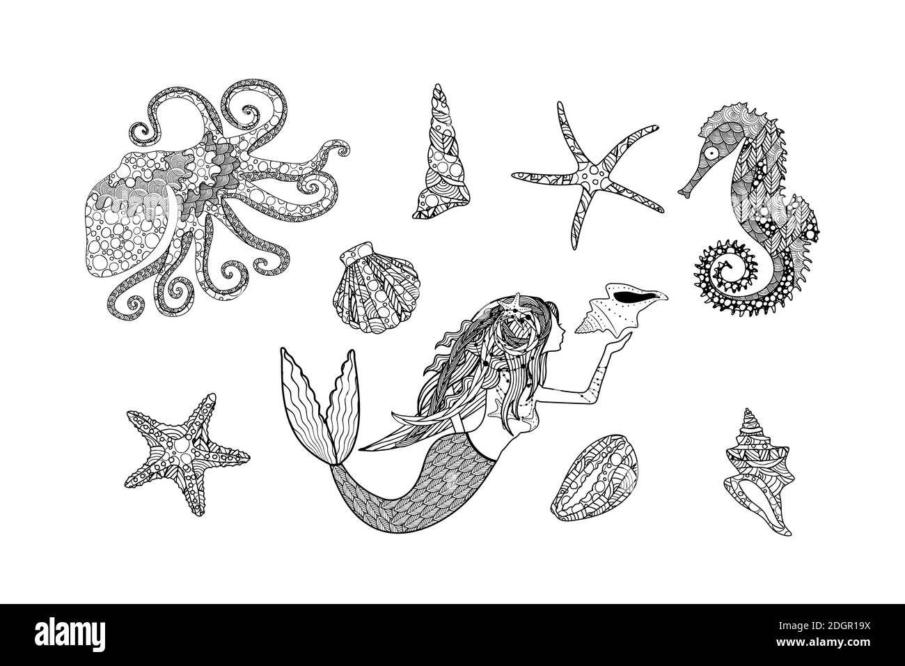 Collection de faune sous-marine monochrome et de sirène dans l'art zen style Illustration de Vecteur