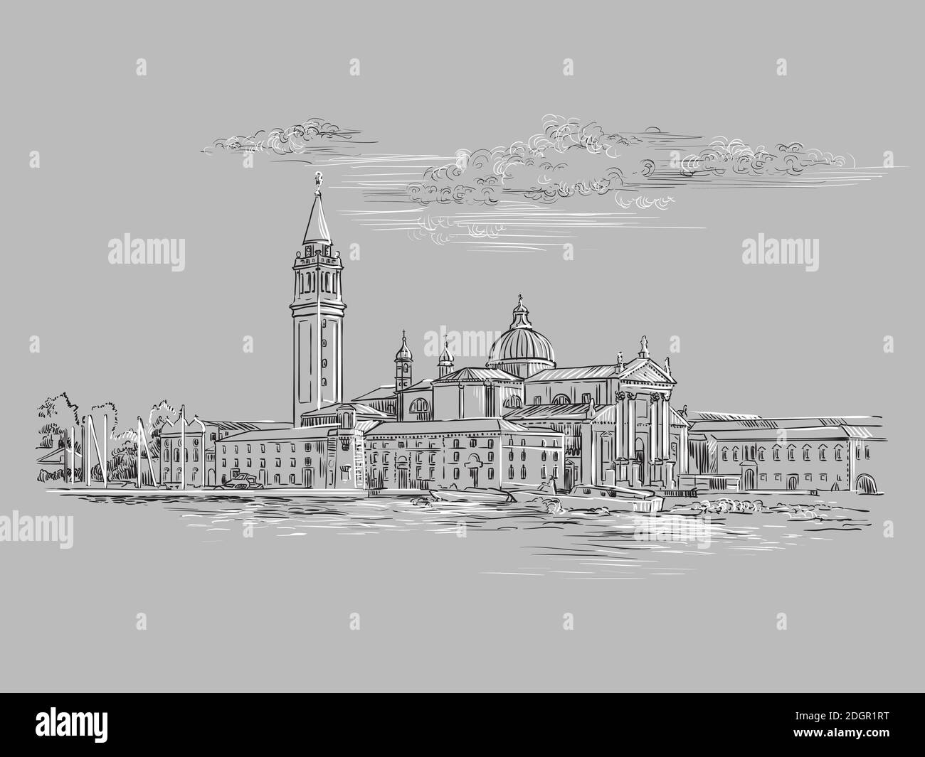 Dessin vectoriel à la main illustration de la vue panoramique de Venise. Esquisse de Venise dessinée à la main dans des couleurs monochromes isolées sur fond gris. Tr Illustration de Vecteur