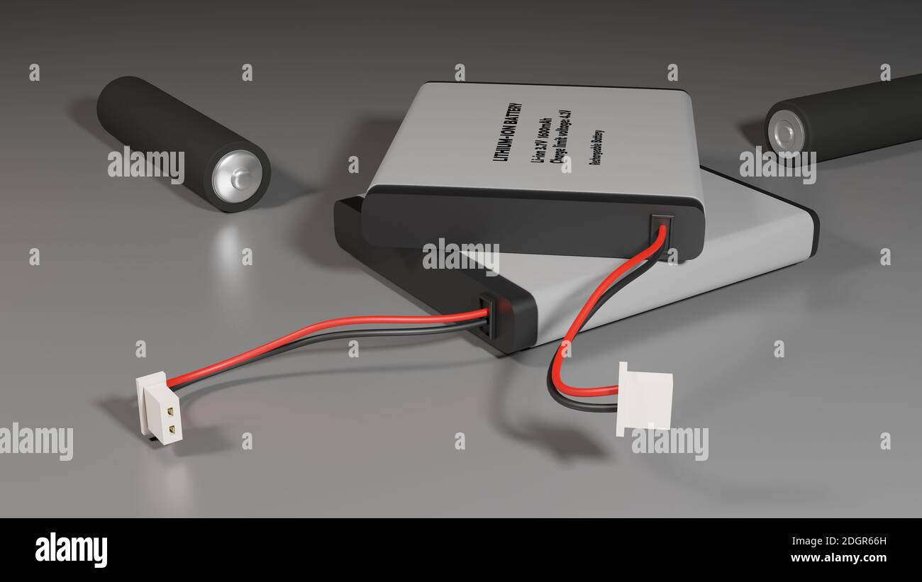 Batteries lithium-ion reposant sur une surface plane. Illustration du rendu 3D. Banque D'Images