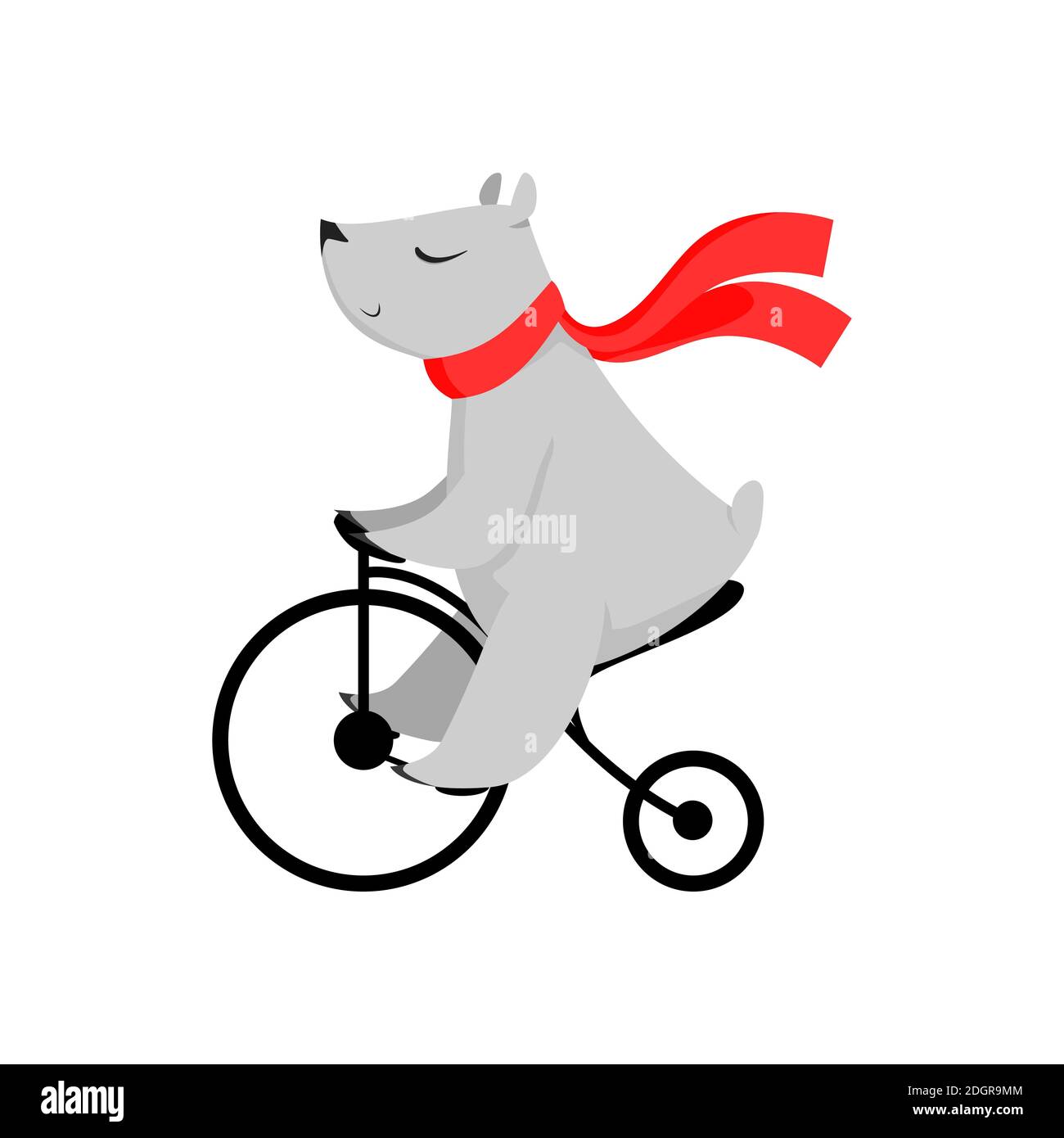 Ours de dessin animé en foulard rouge à vélo. Adorable personnage, vélo,  activité. Concept animal. Peut être utilisé pour des sujets comme le cirque,  le spectacle, le sport Image Vectorielle Stock -