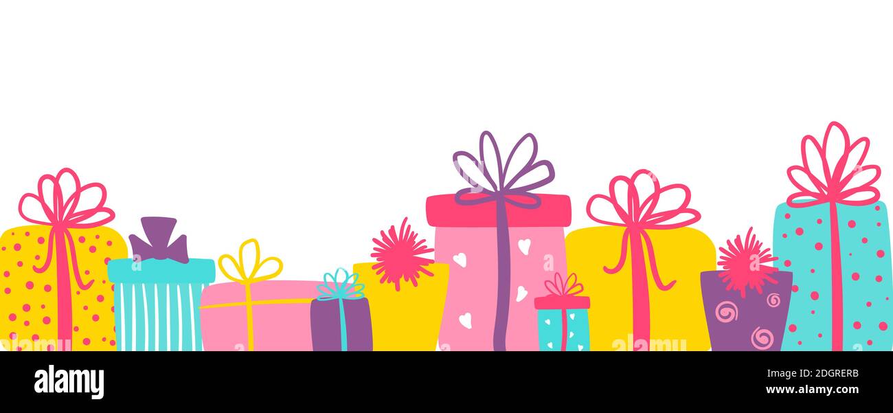 Longue bannière avec de jolies boîtes-cadeaux colorées. Arrière-plan vectoriel avec présents. Bannière de Noël ou d'anniversaire, carte de vœux Illustration de Vecteur