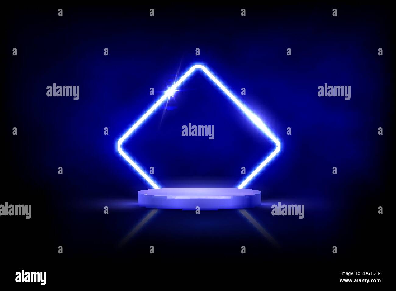 Losange bleu fluo brillant avec des étincelles dans le brouillard sur le podium rond. Cadre de lumière électrique abstrait sur fond noir. Vecteur géométrique de mode Illustration de Vecteur