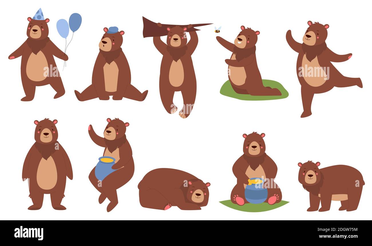 Ensemble d'illustrations vectorielles à motif ours brun mignon. Caricature drôle peluche ours personnages dans différentes poses collection avec animal de fourrure assis et dormir, dansant et mangeant le miel isolé sur blanc Illustration de Vecteur