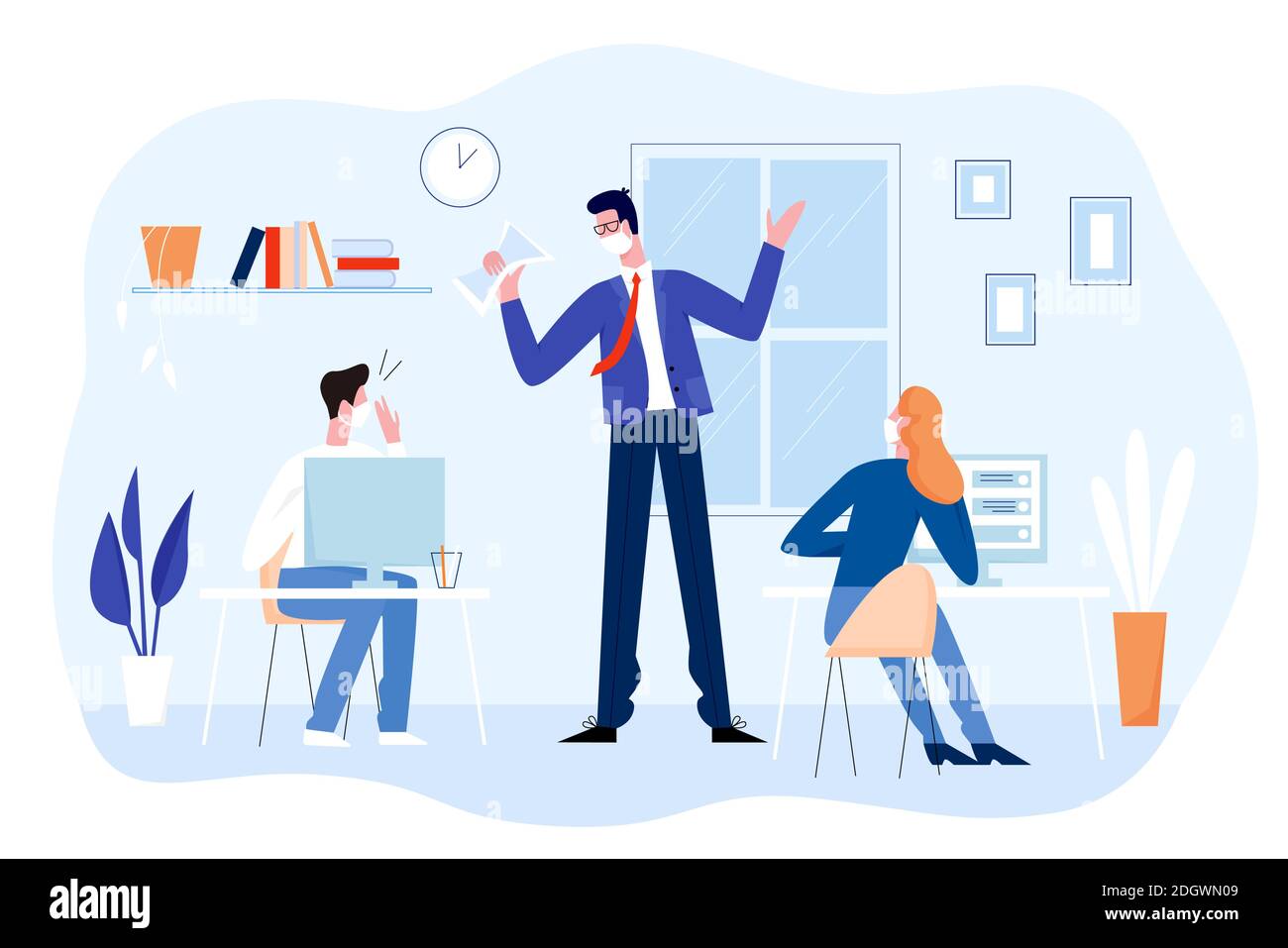 Les gens d'affaires avec des masques travaillent dans l'illustration vectorielle de bureau. Homme de dessin animé femme collègues personnages assis à table lieux de travail, à l'écoute de patron, portant le visage médical masques isolés sur blanc Illustration de Vecteur
