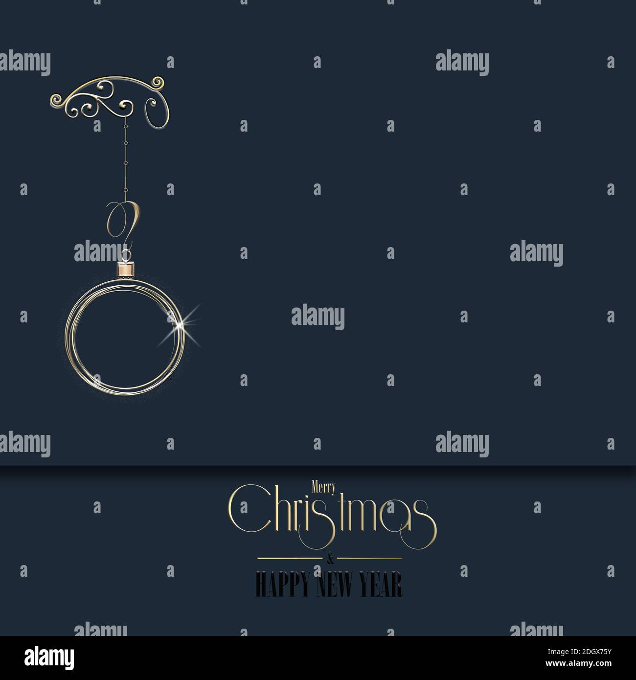 Décoration de luxe minimaliste en bleu avec boule à suspendre en or abstrait sur fond bleu foncé noir. Texte doré Joyeux Noël heureux Nouveau y Banque D'Images