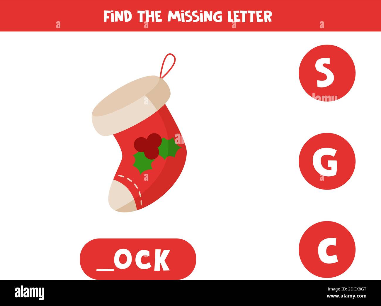 Trouvez la lettre manquante avec la jolie chaussette de Noël. Jeu d'orthographe éducatif. Illustration de Vecteur