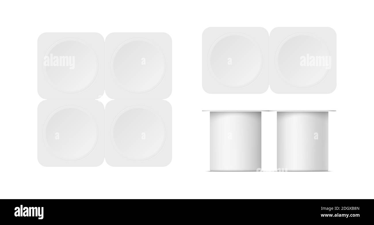 Maquette de récipient à yaourt en plastique avec couvercle isolé sur fond blanc. Vector Realistic blanc pack de quatre yaourts, crème glacée, confiture ou crème aigre pa Illustration de Vecteur