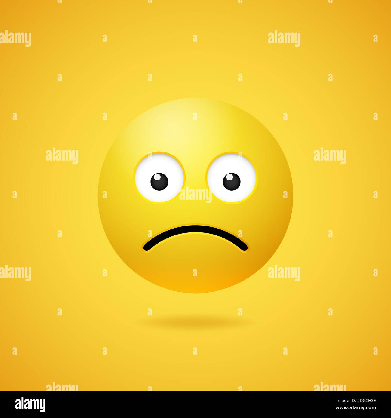 Émoticone triste et malheureuse avec yeux ouverts et bouche sur fond de gradient jaune. Vecteur drôle jaune dessin animé icône Emoji. Illustration 3D pour chat ou mes Illustration de Vecteur