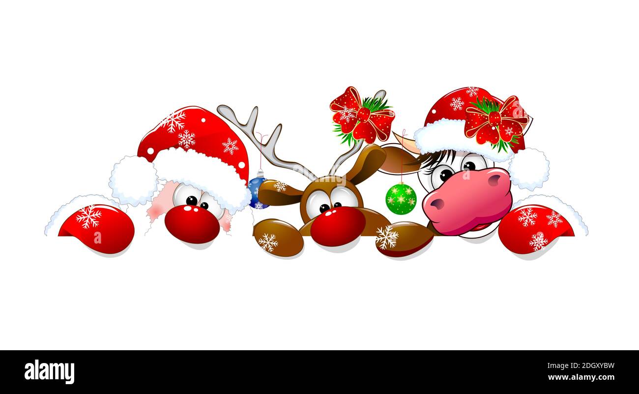 Le Père Noël, cerf et vache sur fond blanc. Les personnages de dessin animé sont habillés d'un chapeau de père Noël et décorés de décorations de Noël. Illustration de Vecteur