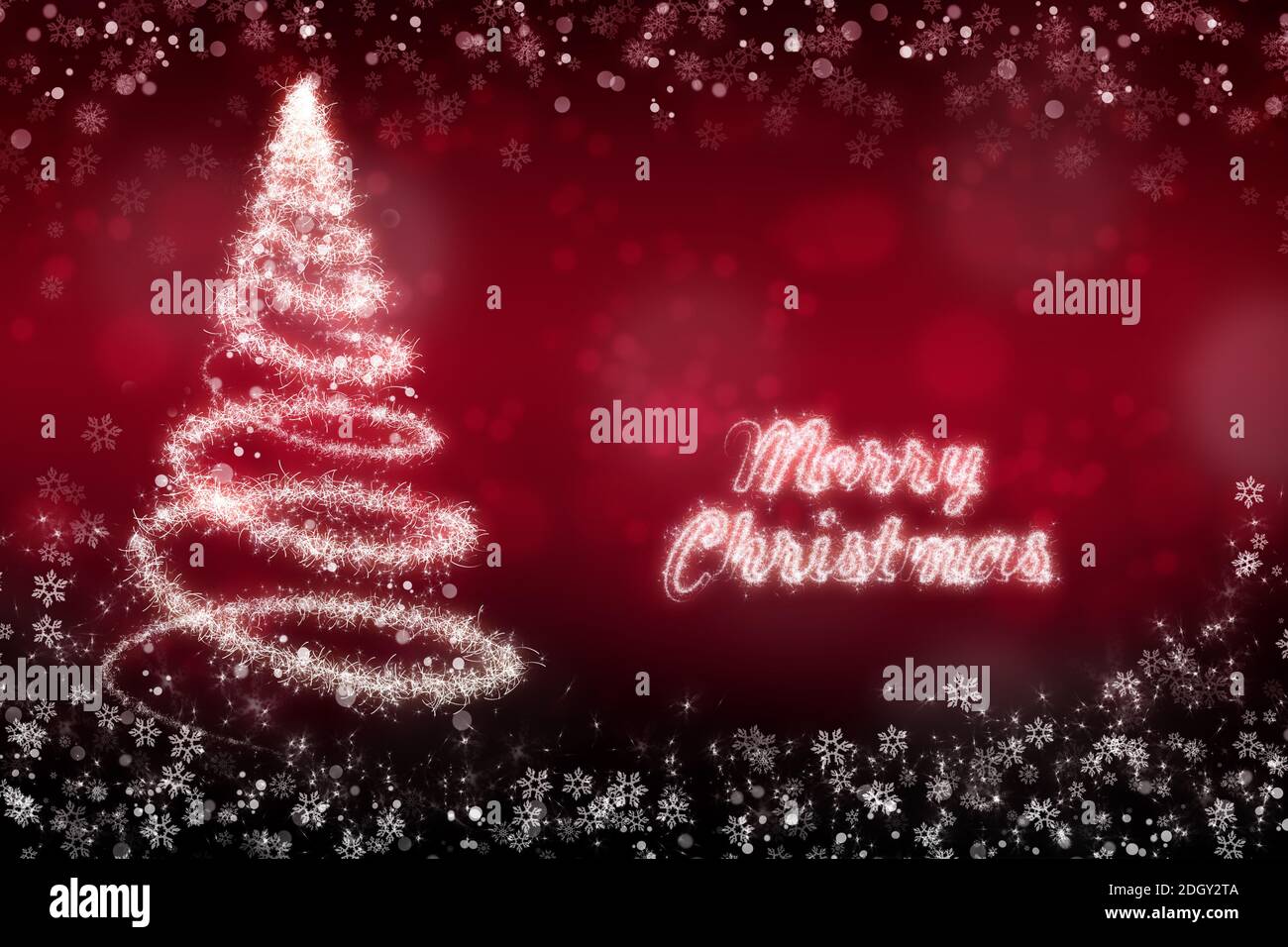 Illustration de sapin étincelant, flocons de neige et texte Joyeux Noël sur fond rouge foncé, carte de vœux de Noël Banque D'Images