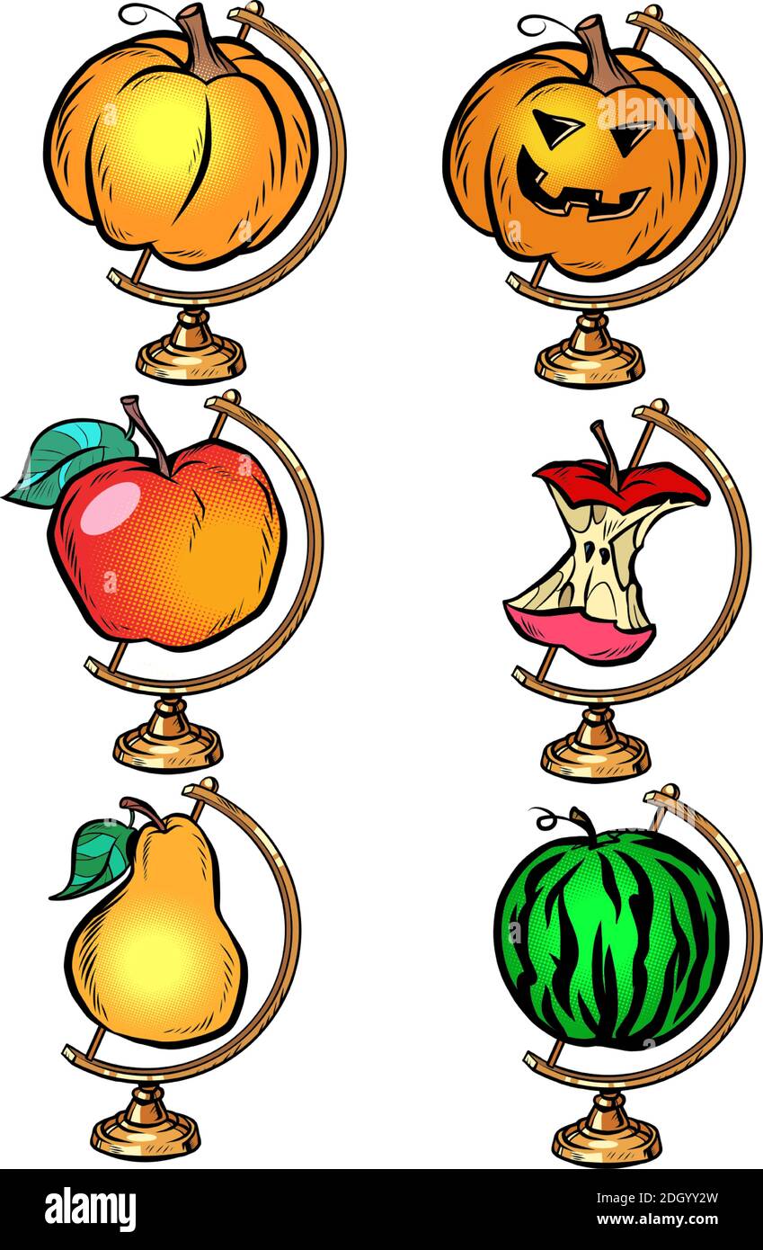 Globe set récolte poire citrouille pastèque pomme, action de grâce Illustration de Vecteur