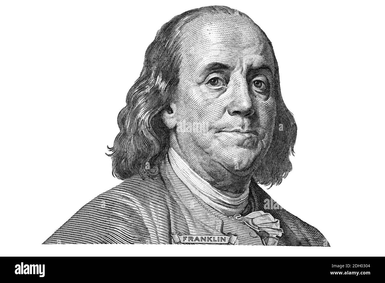 Benjamin Franklin a coupé du nouveau billet de 100 dollars sur blanc fragment d'arrière-plan Banque D'Images