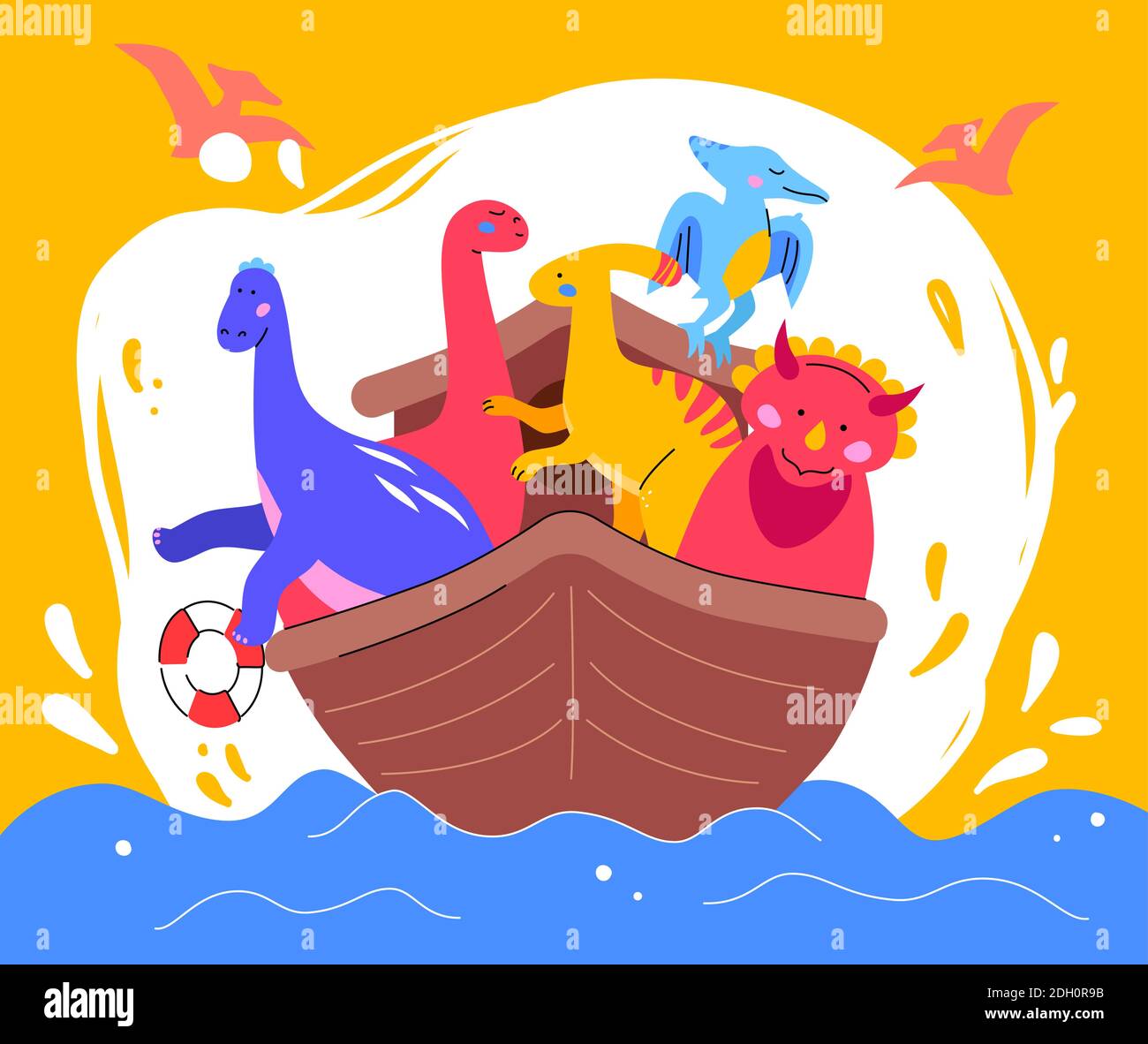 Dinosaures sur un bateau - illustration de style plat avec des personnages. Idée d'affiche de l'époque préhistorique. Une composition avec des animaux mignons, ornitosaurus, pa Illustration de Vecteur