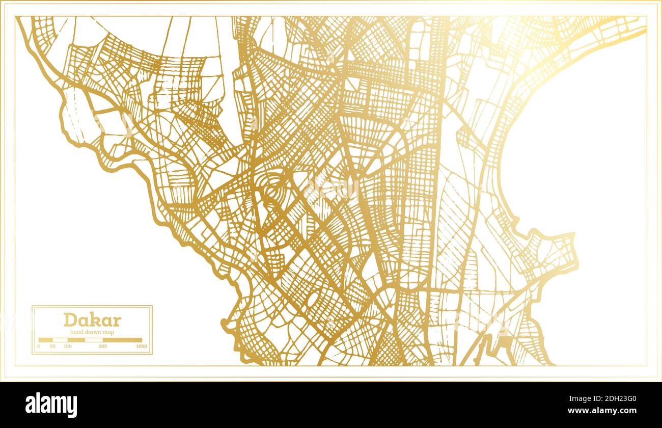 Dakar Sénégal carte de la ville en style rétro en couleur dorée. Carte de contour. Illustration vectorielle. Illustration de Vecteur
