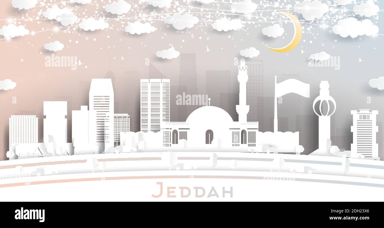 Jeddah Saudi Arabia City Skyline dans le style de coupe de papier avec flocons de neige, Lune et Neon Garland. Illustration vectorielle. Concept de la nouvelle année. Illustration de Vecteur