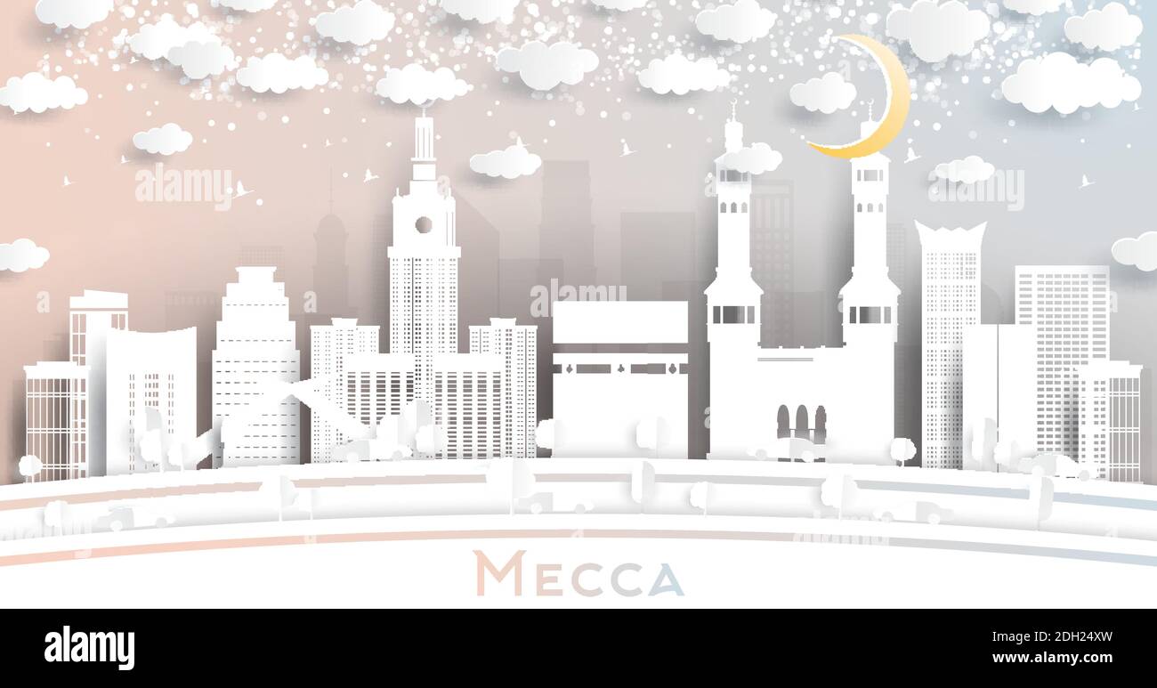 La Mecque l'Arabie Saoudite la ville Skyline dans le style de coupe de papier avec des flocons de neige, et la Lune. Illustration vectorielle. Illustration de Vecteur