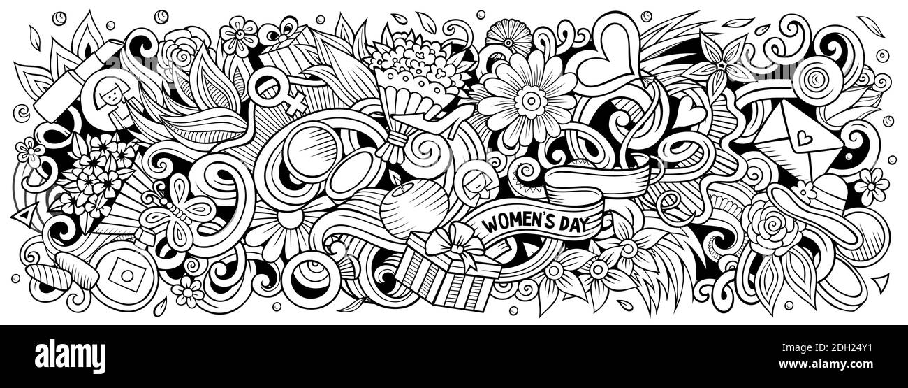 Happy Womens Day dessin main dessin dessin dessin dessin animé dessin dessin dessin dessin dessin dessin dessin dessin dessin dessin dessin dessin dessin dessin animé. Décoration d'affiche pour objets et éléments amusants de saison. Arrière-plan artistique créatif. Trame de dessin au trait Banque D'Images