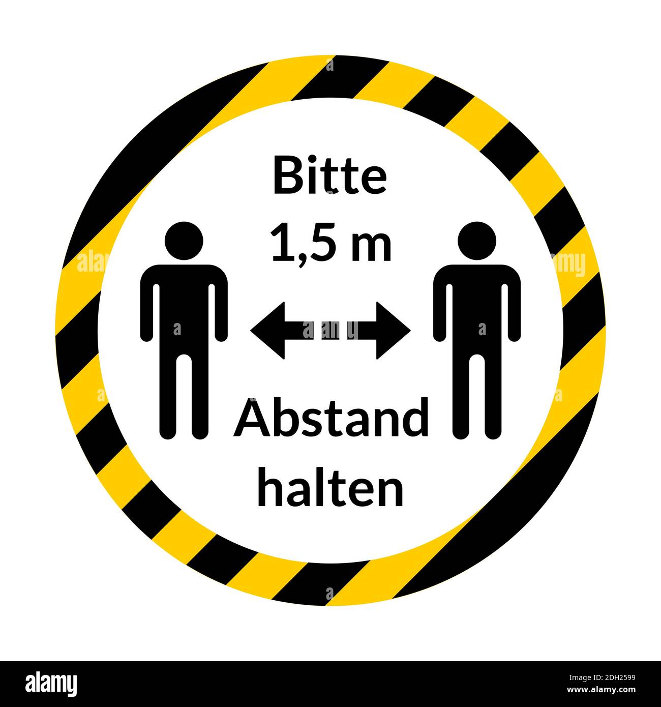 Bitte 1,5 m abstand halten ('Please Stay 1,5 mètres Apart' en allemand) Round social distance Sticker instruction icône avec anneau à rayures. Image vectorielle. Illustration de Vecteur