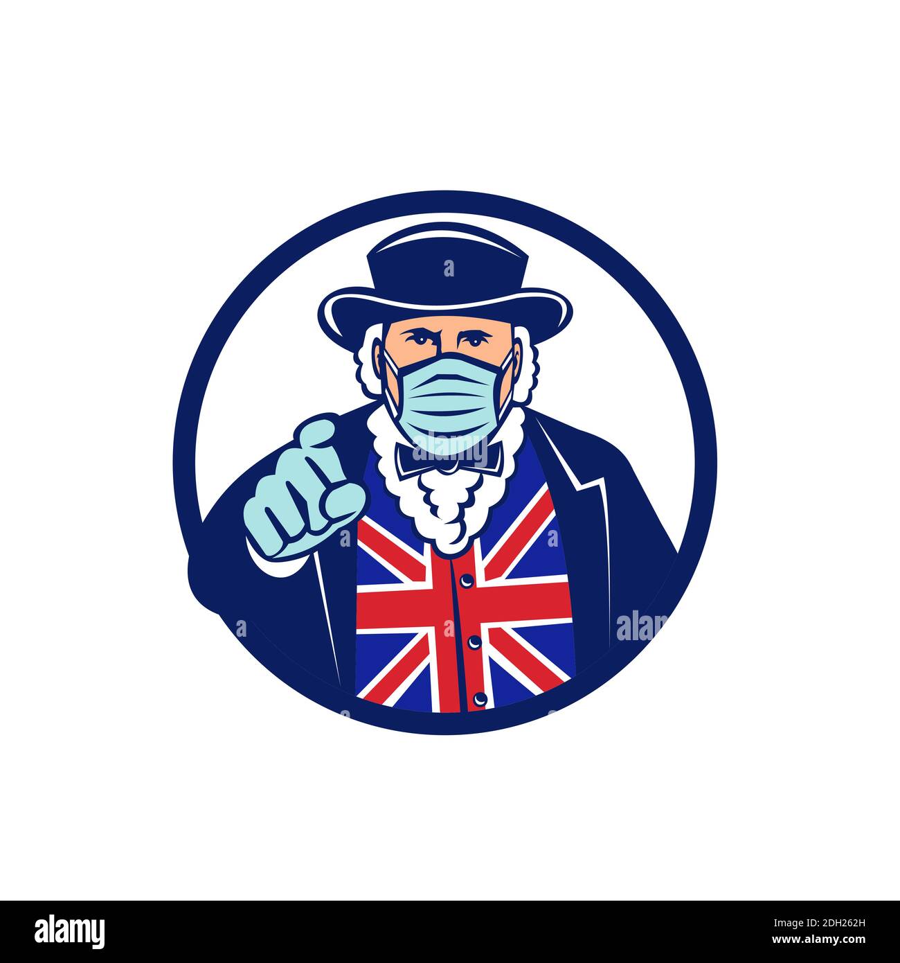 John Bull portant un masque chirurgical pointant mascotte Banque D'Images