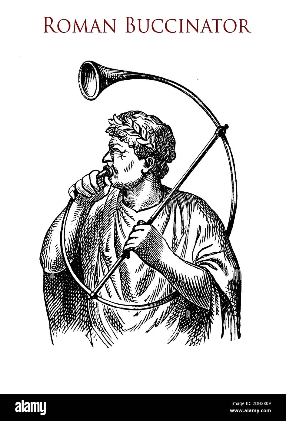 Buccina joué par un buccinateur, ancien instrument en laiton plié en forme de C utilisé dans l'ancienne armée romaine pour appeler une montre ou pour convoquer des soldats Banque D'Images