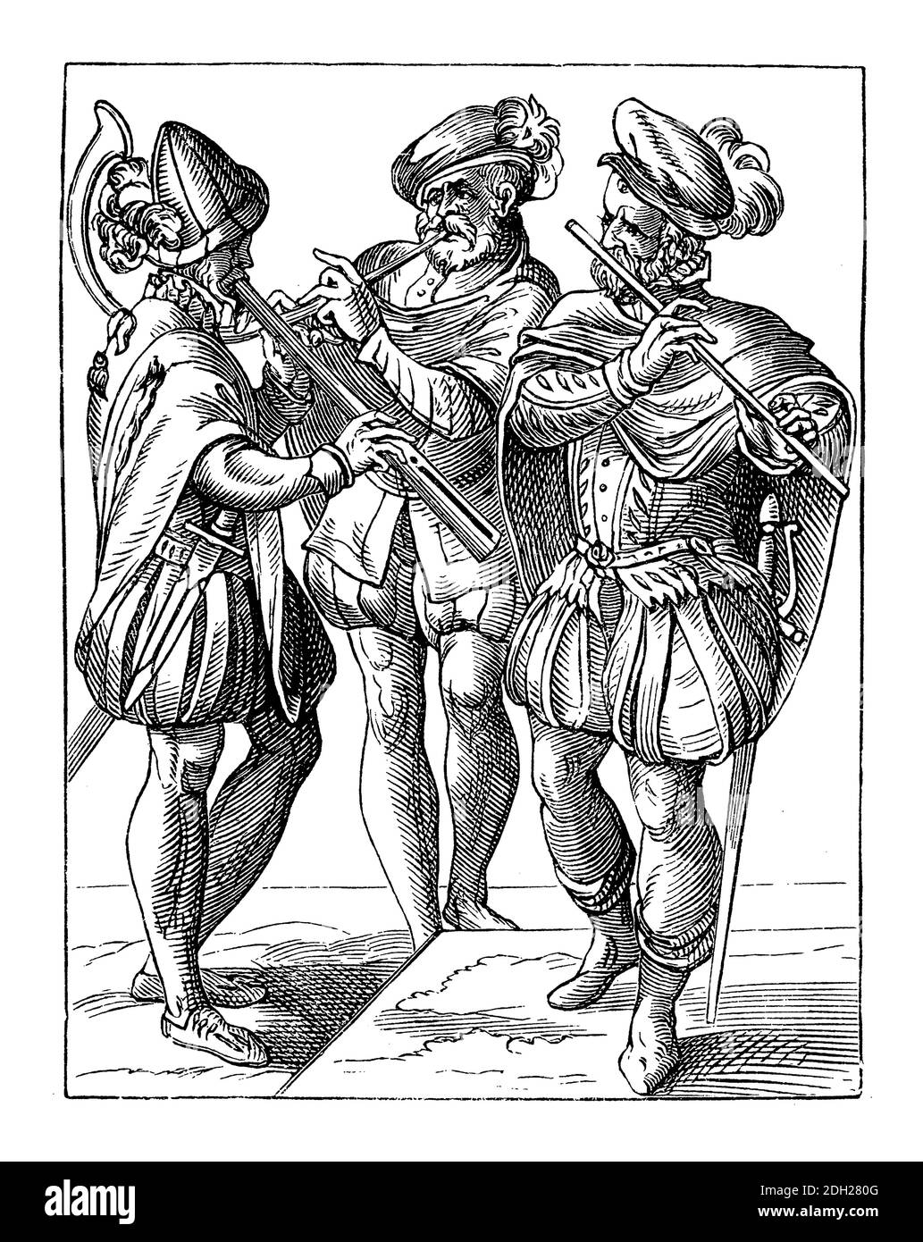 Musiciens allemands jouant des instruments à vent, coupe de bois de Jost Amman, XVIe siècle Banque D'Images