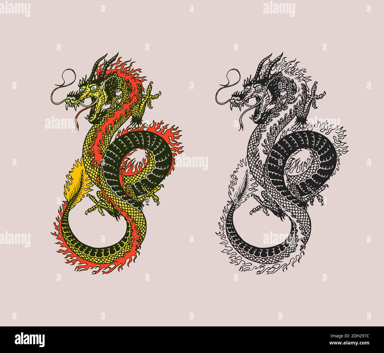 Dragon japonais. Animal mythologique ou reptile traditionnel asiatique. Symbole pour tatouage ou étiquette. Dessin au trait gravé à la main Art ancien monochrome Illustration de Vecteur