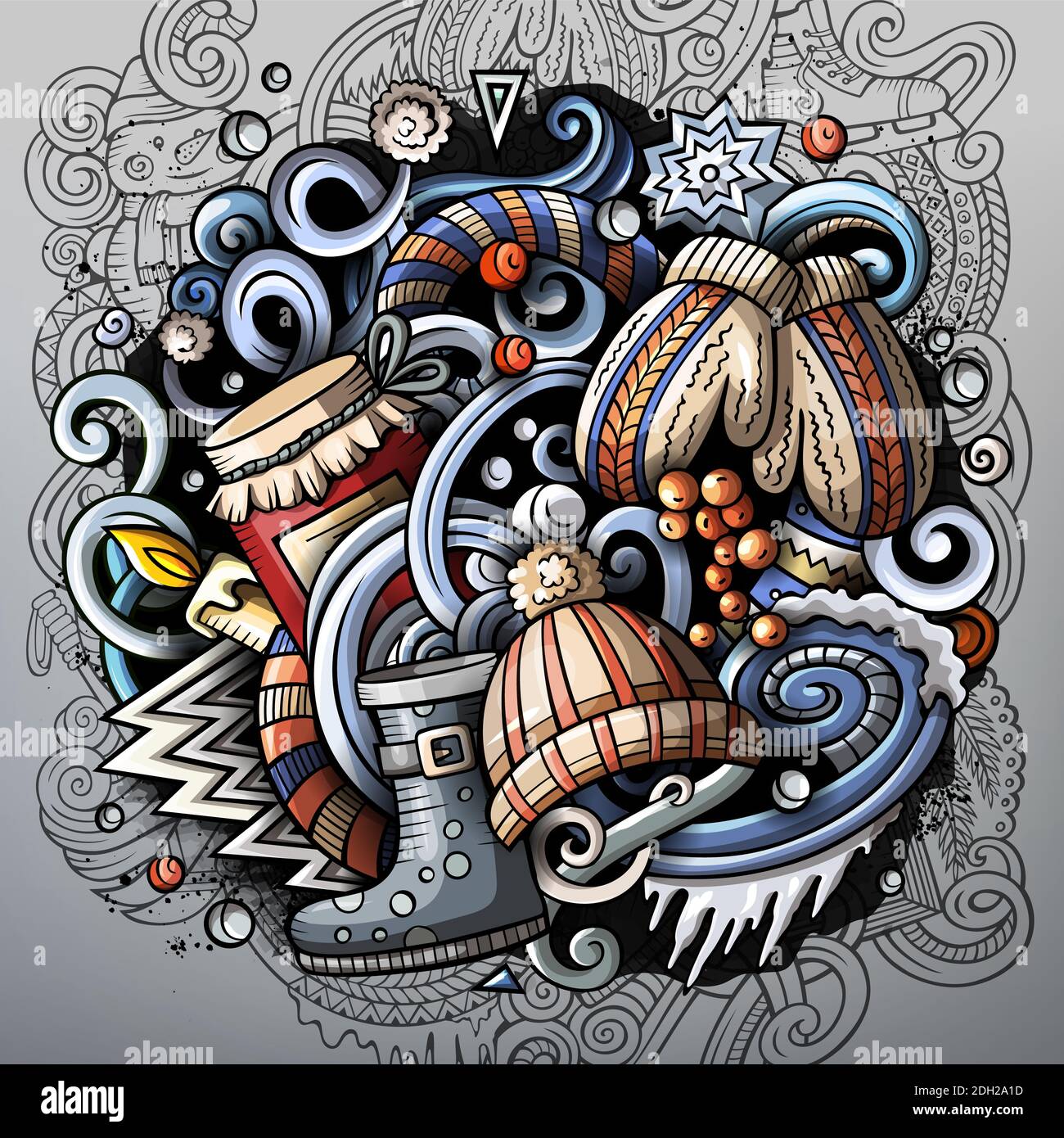 Dessin animé adorable gribouillis dessin à la main saison d'hiver illustration. Coloré détaillé, avec beaucoup d'objets arrière-plan. Œuvres d'art amusantes. Image aux couleurs vives Banque D'Images