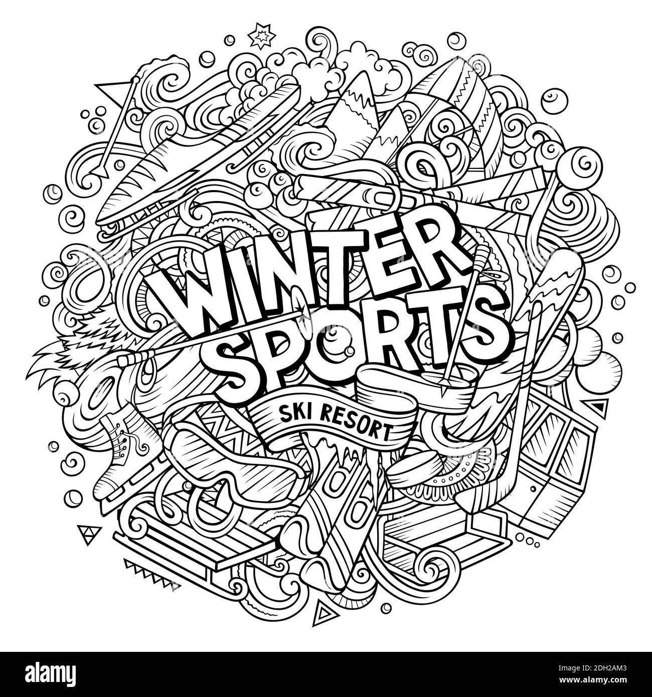 Illustration des gribouillages de dessin animé dessinés à la main de Winter Sports. Objets et éléments amusants conception d'affiche. Activités extérieures en saison froide éléments et objets c Banque D'Images