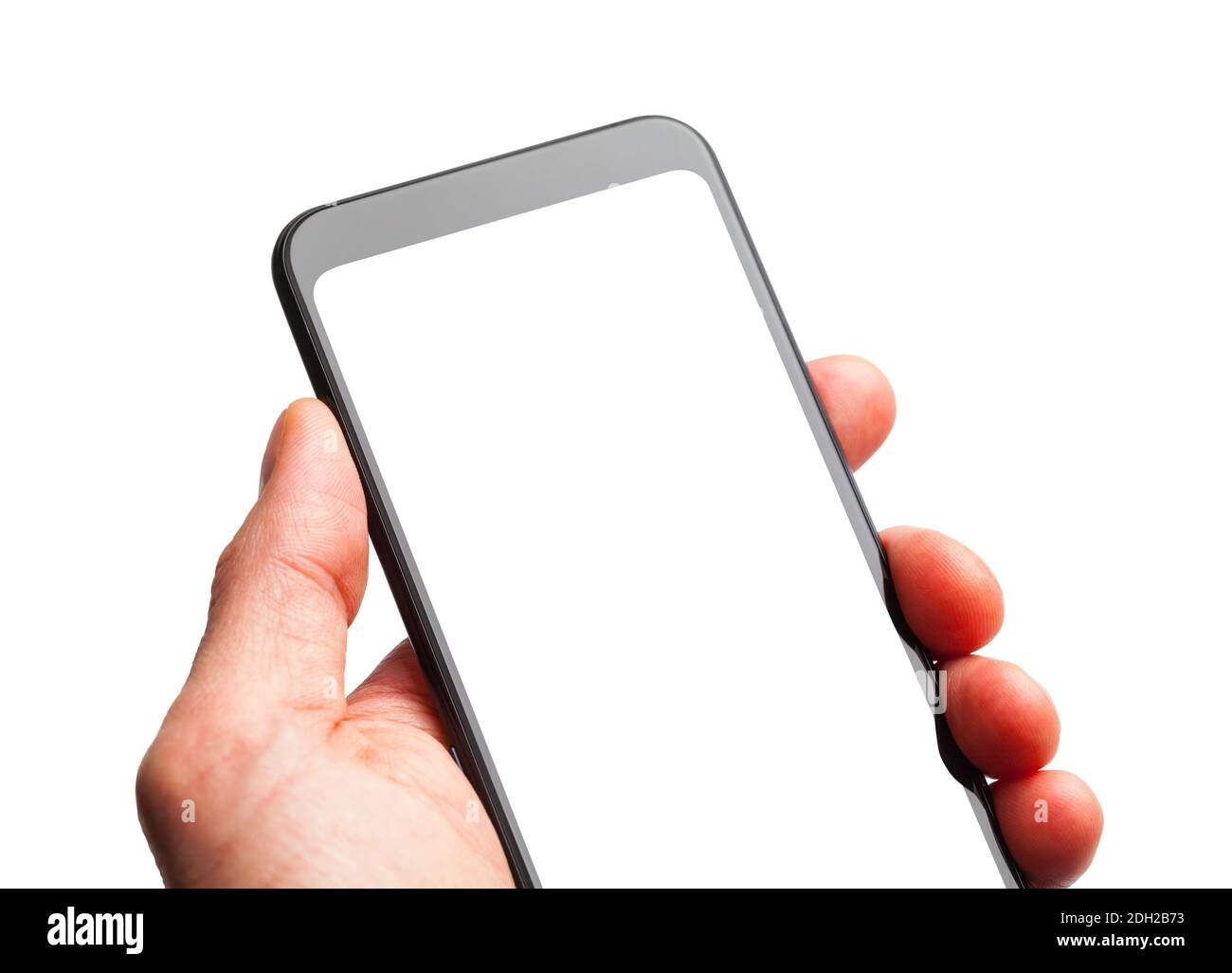Main tenant le smartphone avec espace de copie découpé sur blanc. Banque D'Images