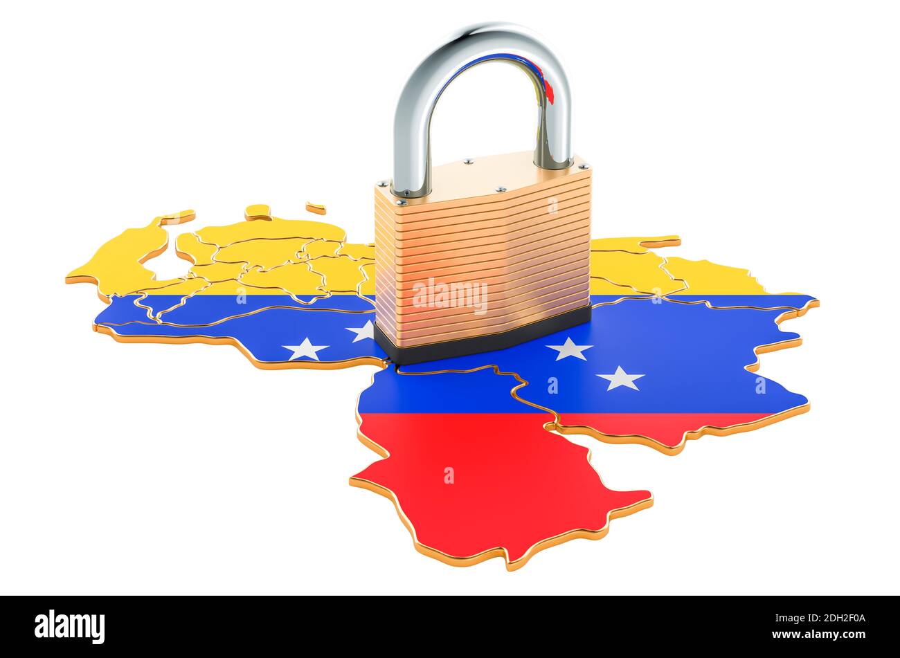 Verrouillage au Venezuela. Cadenas avec carte, concept de protection des frontières. Rendu 3D isolé sur fond blanc Banque D'Images