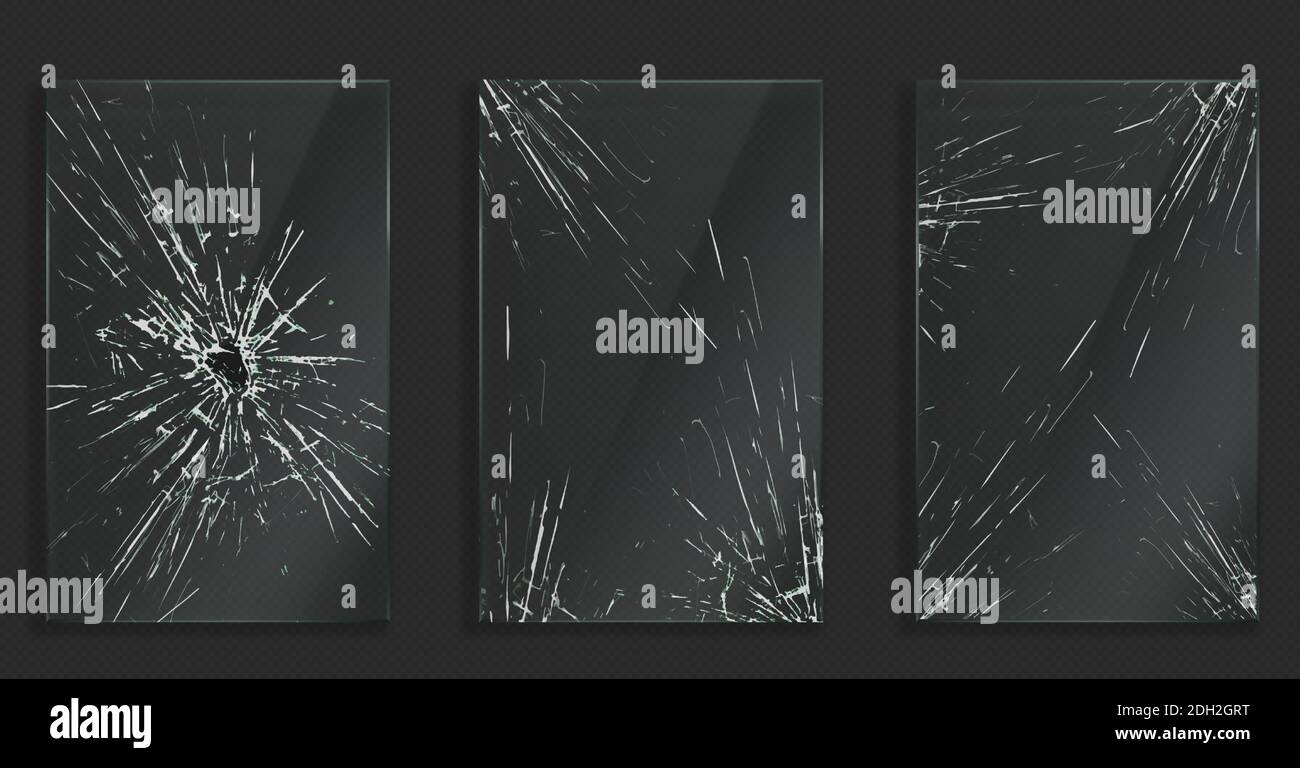 Verre cassé avec des fissures et trou d'impact ou de balle. Vecteur ensemble réaliste de cadres rectangulaires en acrylique transparent ou en plexiglas avec texture écrasée, rayures blanches et cassures Illustration de Vecteur