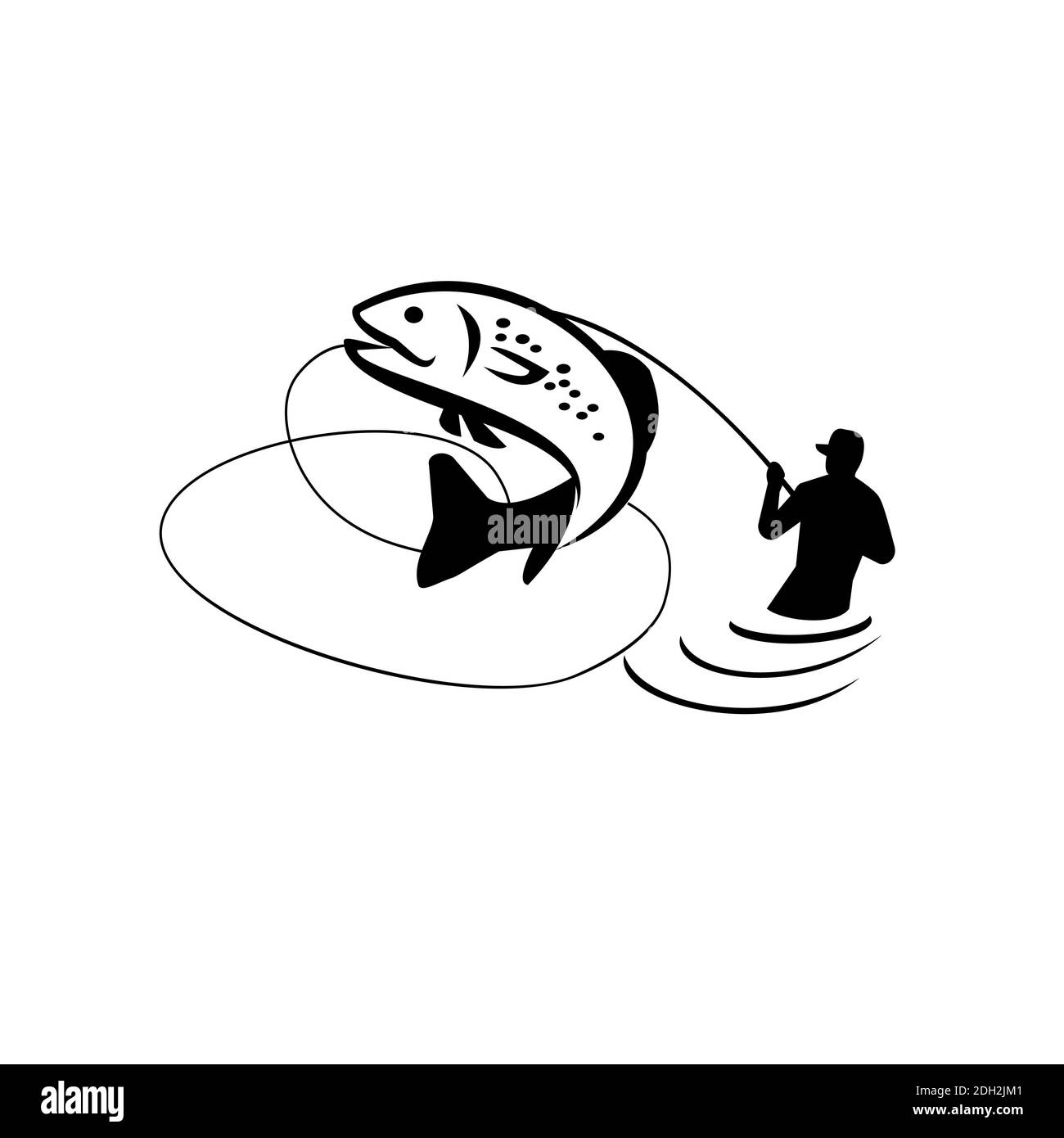 Fly Fisherman reeling Trout Noir et blanc Retro Banque D'Images