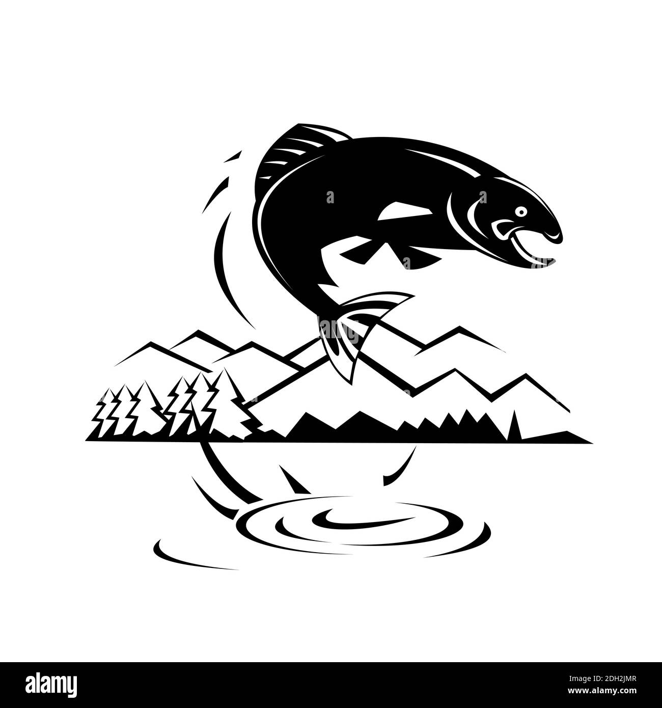 Lac de saut à la truite avec arbres et montagnes Retro Black Et blanc Banque D'Images