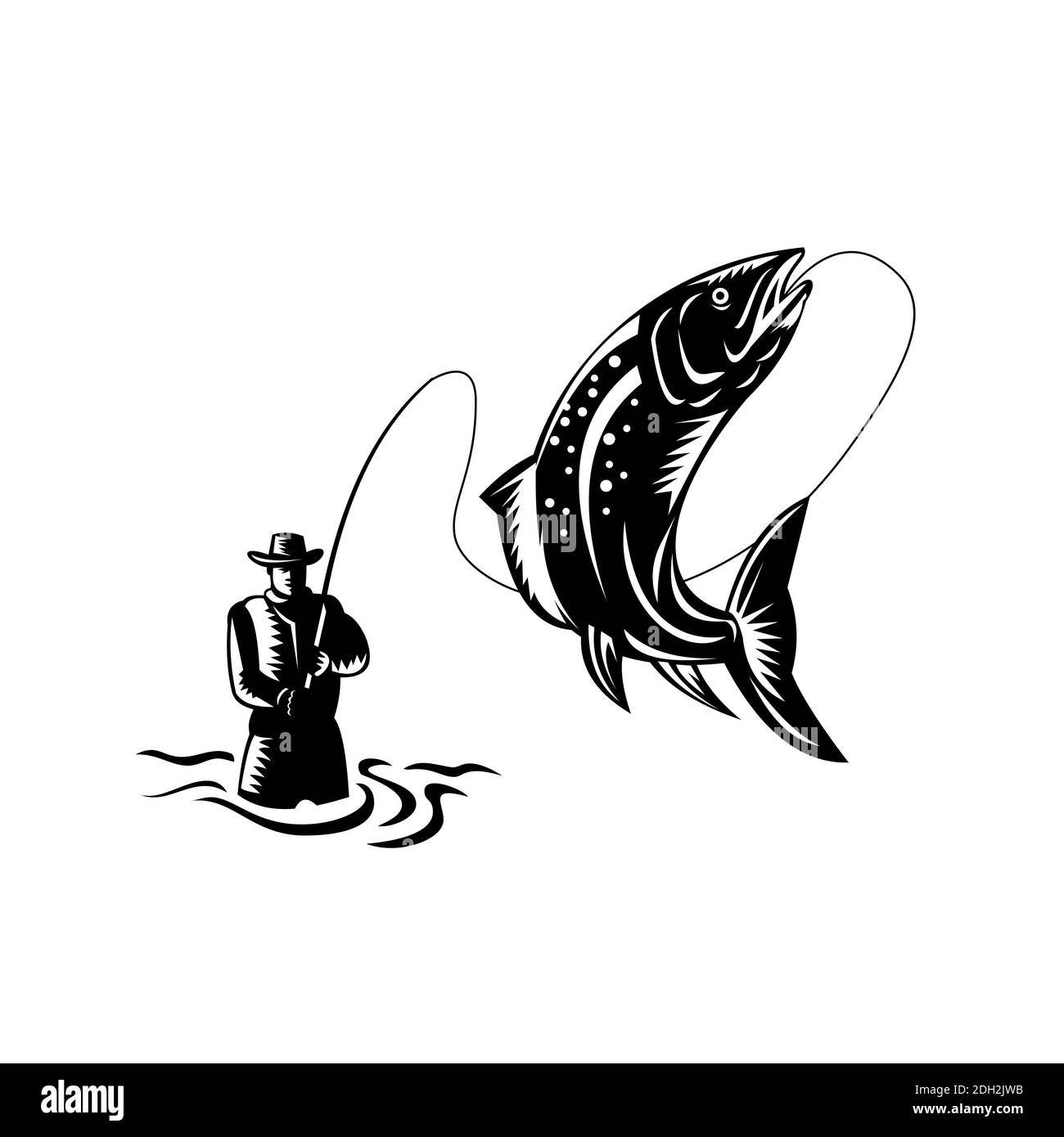 Pêche à la mouche pêche à la truite à pois saut à la boisée noir rétro Et blanc Banque D'Images