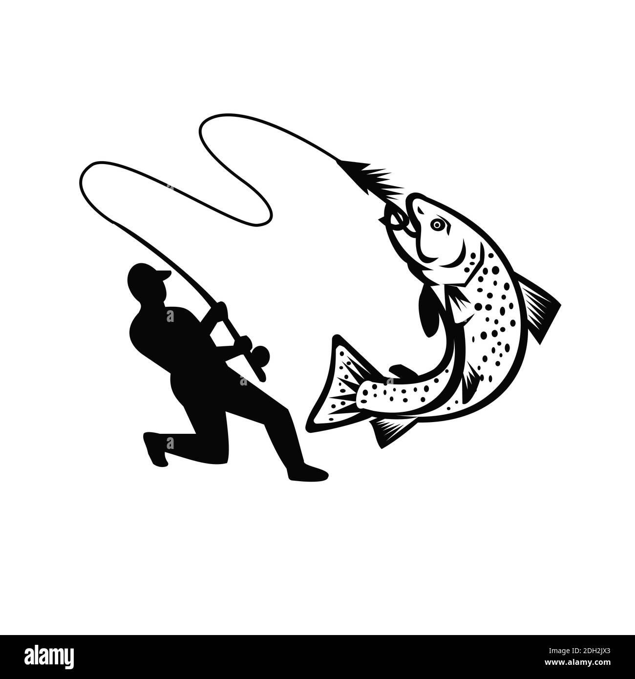 Fly Fisherman hooking Brook Trout Retro noir et blanc Banque D'Images