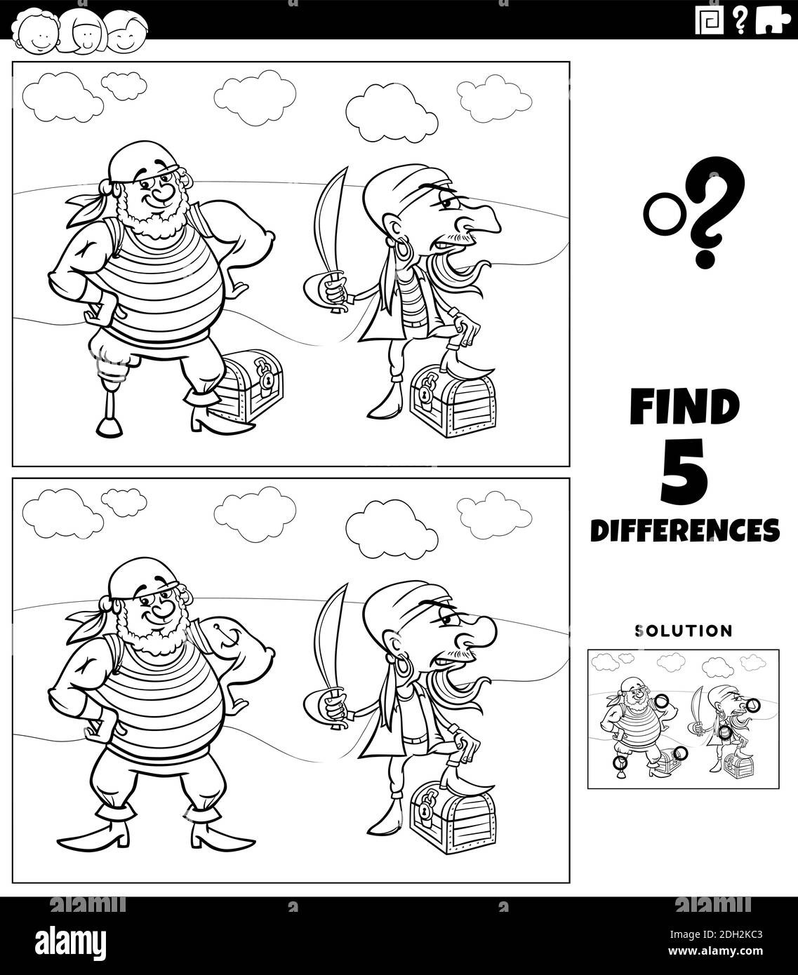 Illustration de dessin animé noir et blanc de la recherche des différences entre images jeu éducatif pour les enfants avec des pirates et leur trésor colorin Illustration de Vecteur
