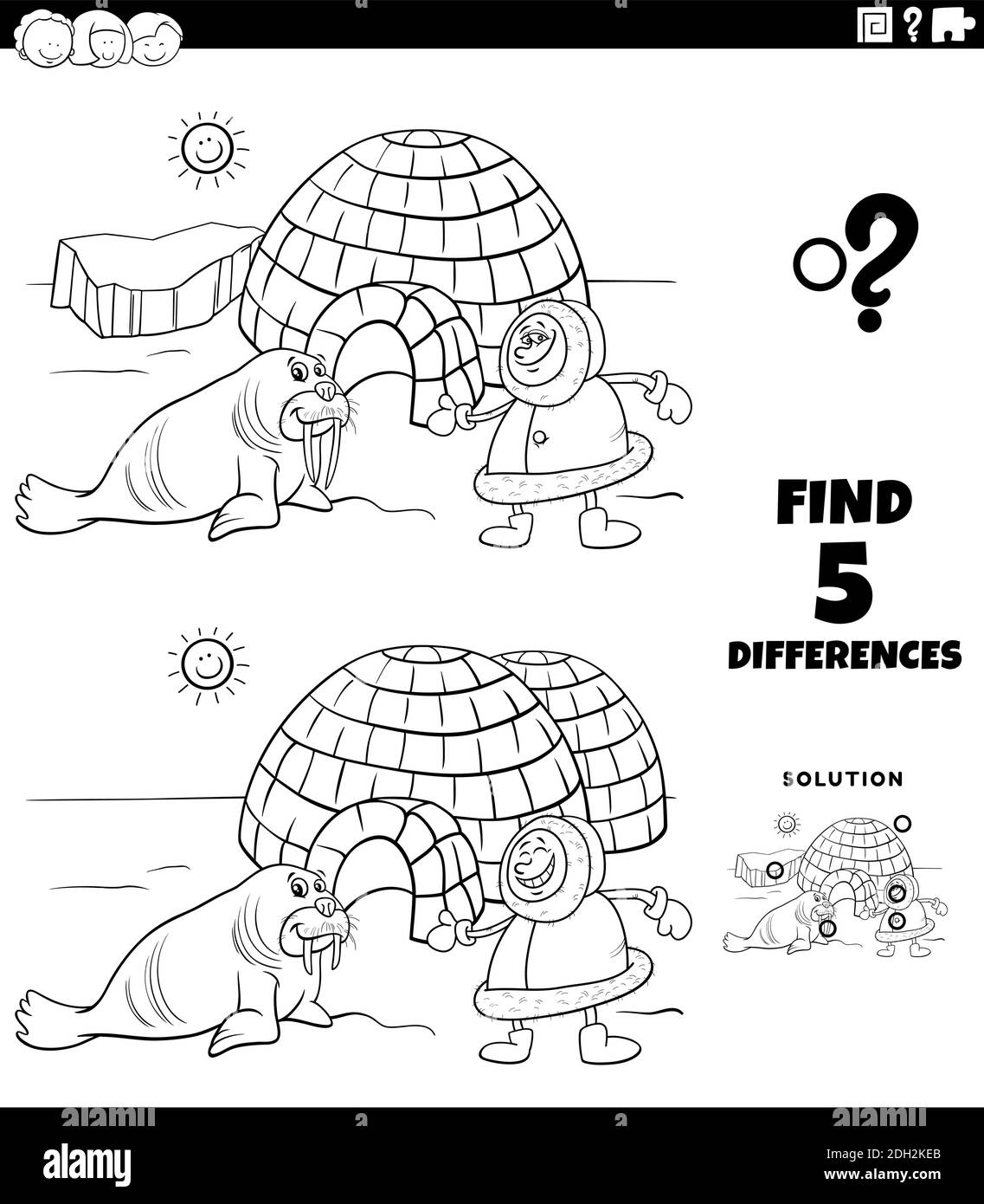 Illustration de dessin animé noir et blanc de la recherche des différences entre Images jeu éducatif pour les enfants avec Eskimo avec morse et couleur igloo Illustration de Vecteur