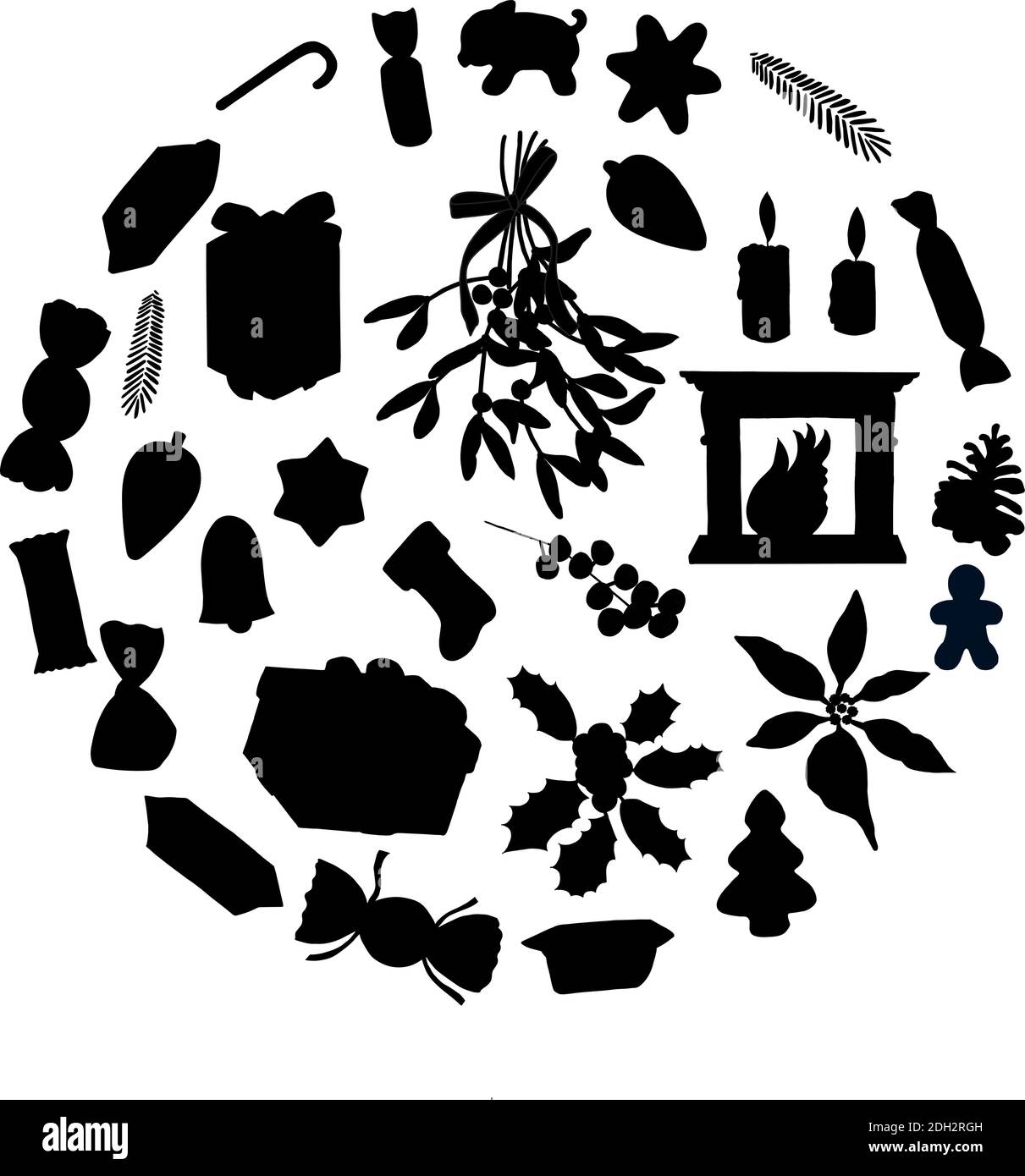 Ensemble de symboles traditionnels pour la fête de Noël avec éléments de silhouette. Illustration vectorielle dessinée à la main. Illustration de Vecteur