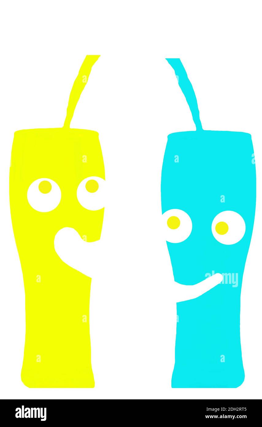 Illustration deux verres avec un cocktail avec une boisson alcoolisée et une paille, deux verres colorés avec des yeux et un sourire, des émotions, l'été boisson, colorée Banque D'Images