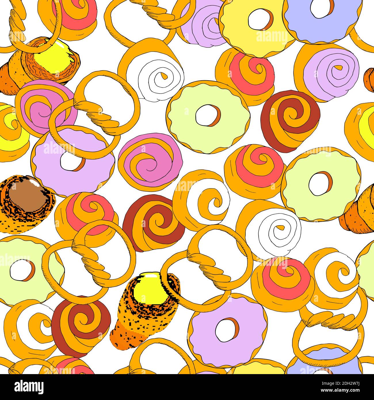 Beignets et pâtisseries à motif plat vectoriel sans couture. Illustration amusante et sans fin de vecteur. Illustration de Vecteur