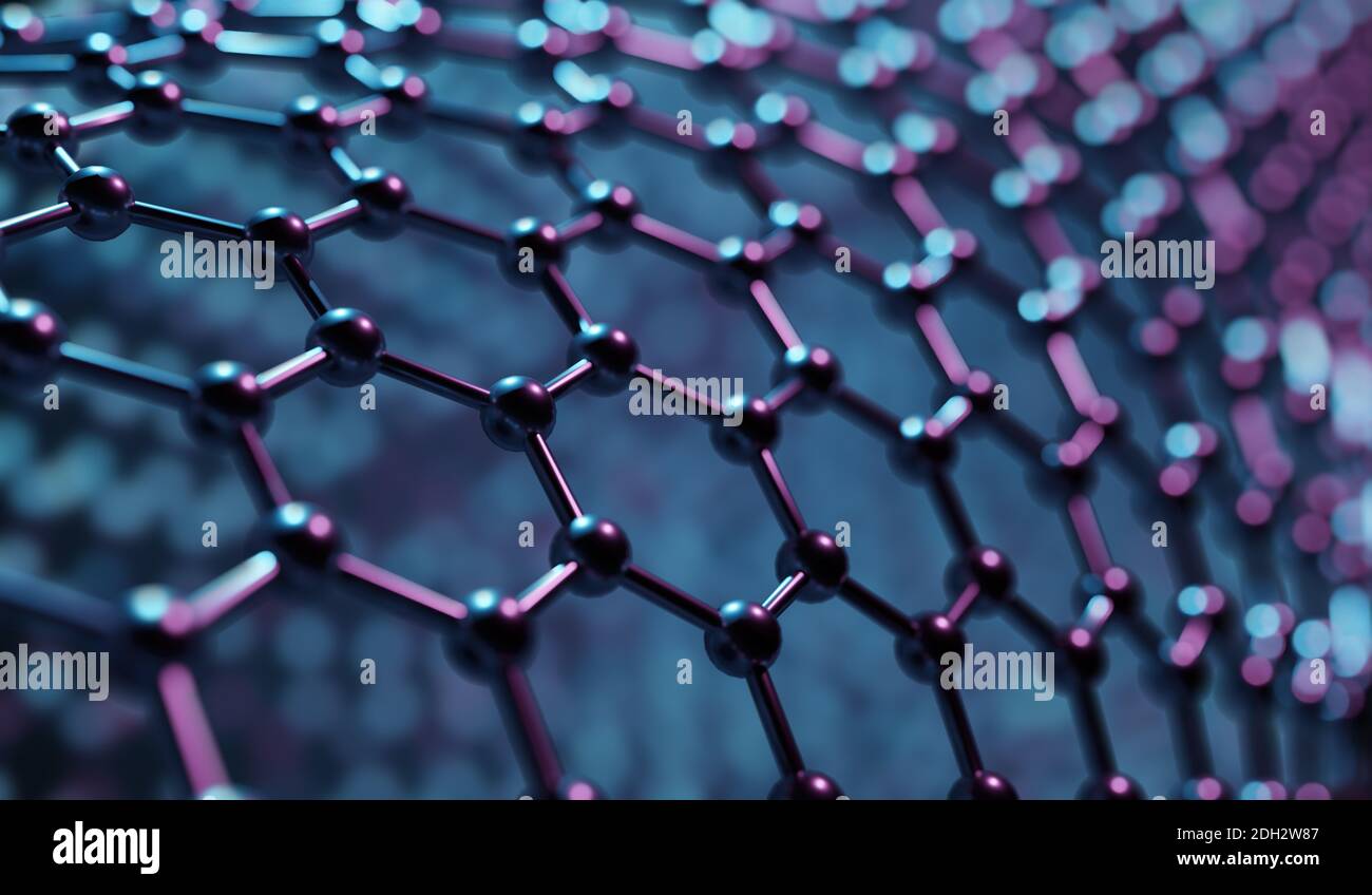 Structure du nano matériau hexagonal. Concept de nanotechnologie. Arrière-plan abstrait. Illustration de rendu 3D. Banque D'Images