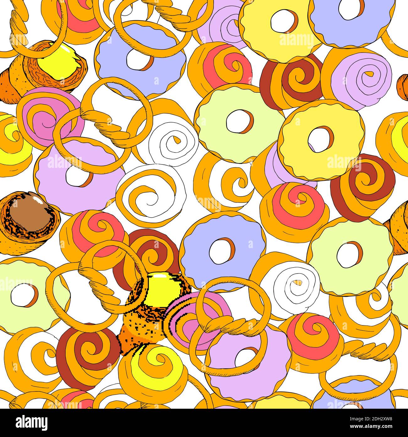 Beignets et pâtisseries à motif vectoriel sans couture. Illustration amusante et sans fin de vecteur. Illustration de Vecteur