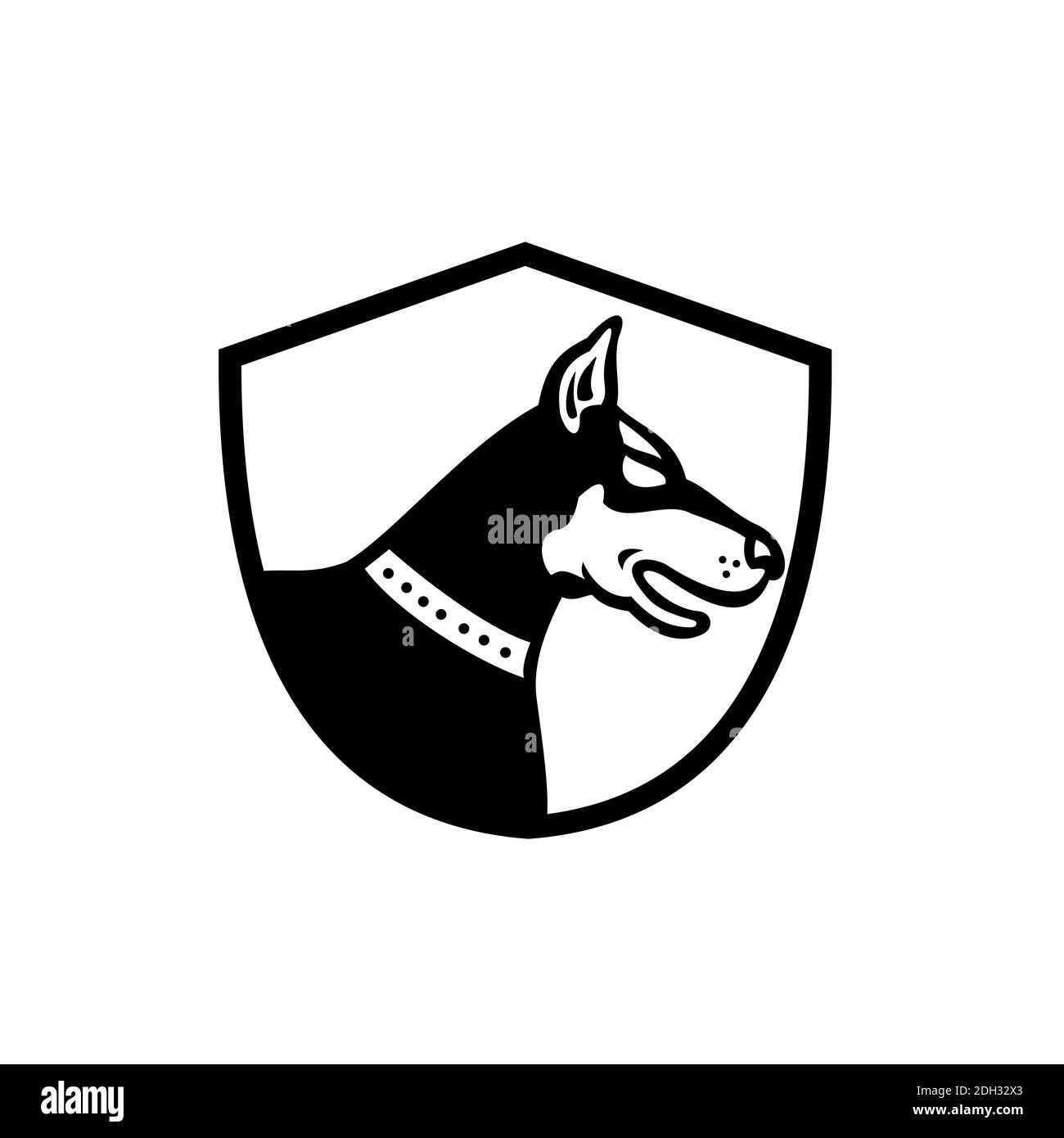 Tête de chien Doberman Pinscher vue latérale Crest Noir rétro et Blanc Banque D'Images