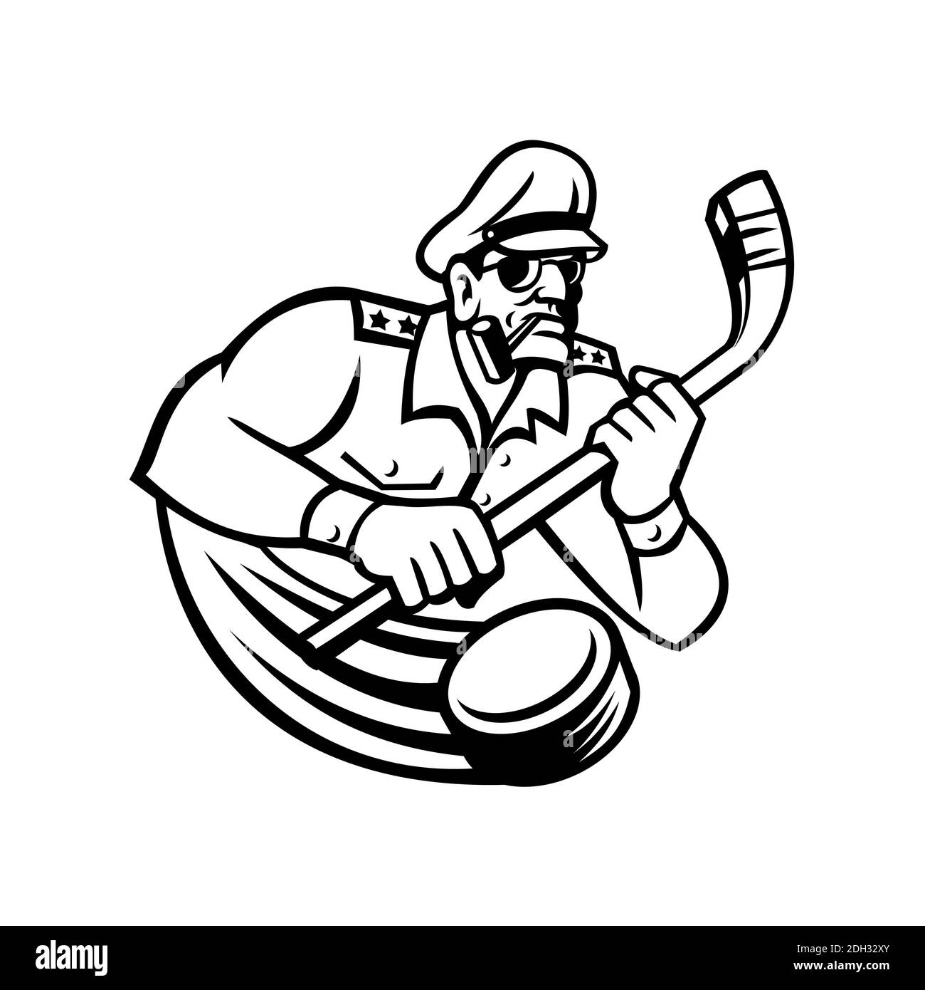 Armée générale avec bâton de hockey sur glace Mascot de sport Noir et Blanc Banque D'Images
