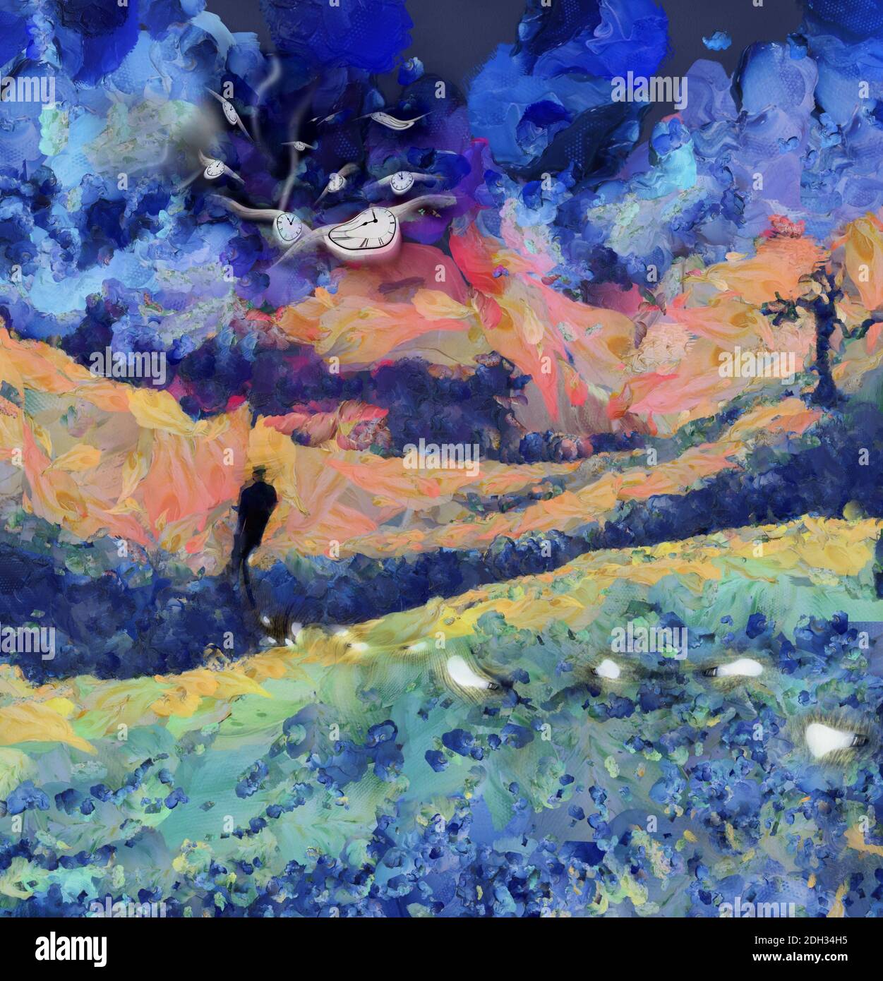 Homme avec des idées. Horloges à ailettes. Rendu 3D Banque D'Images