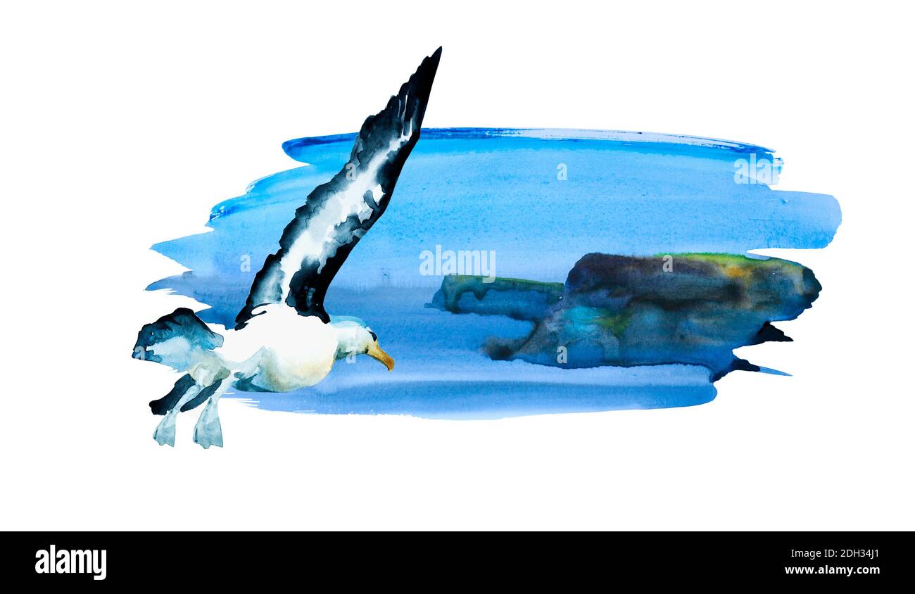 Paysage aquarelle abstrait avec côte rocheuse et mouette volante, peint à la main et isolé sur fond blanc. Illustrati peint à la main Banque D'Images